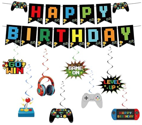 Gaming Geburtstagsdeko Junge: Set mit Banner & Hängespiralen – Geburtstagsdeko 10 Jahre Junge für Gamer Party & 12 Jahre