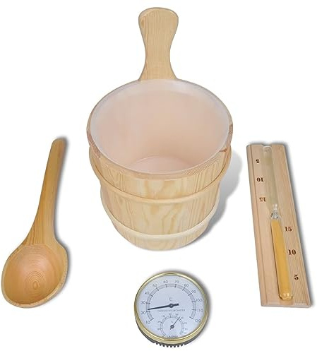 Runheo Lot de 5 accessoires de sauna avec seau, cuillère, sablier, thermo-hygromètre en bois pour sauna, bien-être, détente, température et humidité dans le bain vapeur et cabine infrarouge