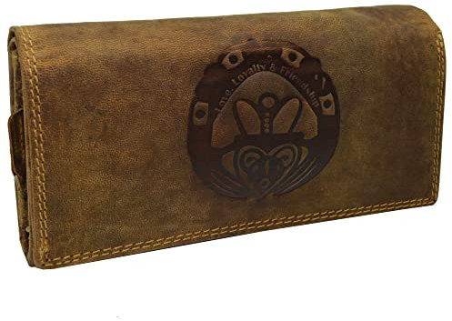 flevado Große Damen Geldbörse Claddagh Prägung irisches Glückszeichen mit RFID NFC Schutz Portemonnaie echt Leder (braun)