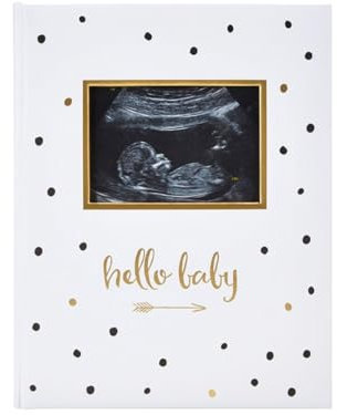 Pearhead Hello Baby First 5 Years Memory Book, Gender-Neutral Baby Keepsake for New and Expectant Parents, Pregnancy And Milestone Journal, Modern Minimalist Black and Gold Polka Dot