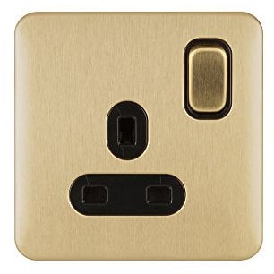 Schneider Electric Lisse Screwless Deco - Switched Single Power Socket Double Pole, 13 A, GGBL3010DBSB, Satin Brass with Black Insert