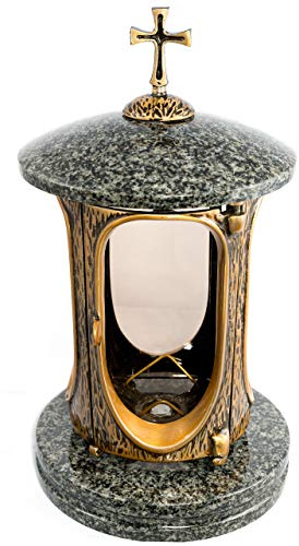 Stilvolle Grablaterne Elégant mit Kreuz Granit Impala hell Höhe 27 cm/Ø 15 cm Grableuchte Grablicht Grablampe Granitlampe Granitlaterne Bronze mit Sockel Grabschmuck