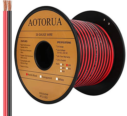 AOTORUA 100FT 16/2 Gauge Red Black Cable Hookup Electrical Wire, 16AWG 2 Conductor 2 Color Flexible Parallel Zip Wire LED Strips Extension Cord 12V/24V DC Cable for LED Ribbon Lamp Tape Lighting