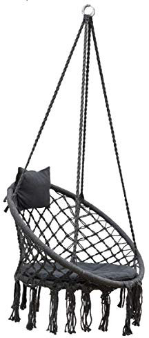 AMANKA Makramee Hängesessel mit Kissen 80cm Korbschaukel bis 120kg Boho Sessel Indoor Outdoor Grau