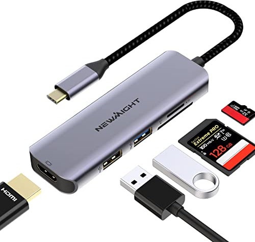 Newmight Adaptateur Multiport hub USB C, Adaptateur 5 en 1 USB-C à HDMI, Lecteur SD/TF de Transfert de données Rapide HDMI 4K USB 3.0, Support d'extension USB C pour Apple Macbook