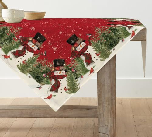 Artoid Mode Rot Schneemann Bäume Weihnachten Tischdecke, Saisonnal Tischwäsche Winter Küche Tisch Dekoration Drinnen Urlaub Party Dekor 85x85 cm