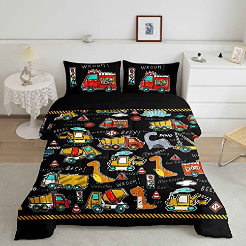 Loussiesd Jungen Konstruktion Bettdecke 200x200cm für Kinder Dinosaurier Steppdecke Schlafzimmer Dekorativ Karikatur Ausstattung Trucks Dino Steppbett Niedlich Maschinen Auto Dinos Schwarz