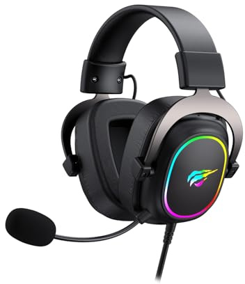 Havit H2002p RGB Gaming Headset mit Mikrofon – 50 mm Treiber – 7.1 Kopfhörer mit Kabel Surround Sound – Memory Foam Ohrpolster, Verstellbarer Kopfbügel - 2 m Spiralkabel (Schwarz, Ocker)