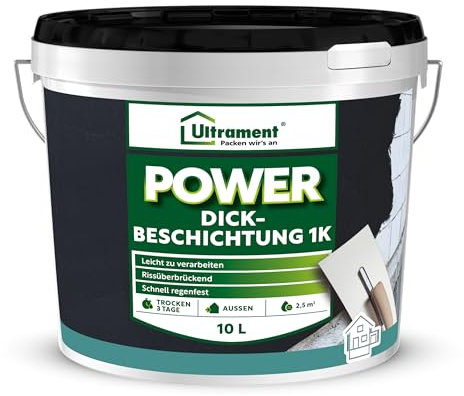 Ultrament Power Dick-Beschichtung 1K - Bitumen Dickbeschichtung, Leicht zu verarbeiten, Rissüberbrückend und schnell regenfest, für Außen (10 Liter)