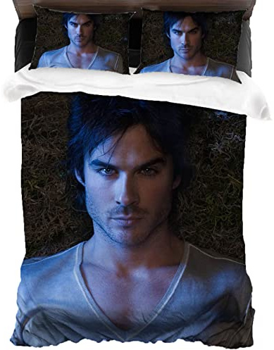 ANSSON Damon Bettwäsche 135x200cm,The Vampire Diaries Kinder Bettwäsche-Set,Mit Reißverschluss 1 Bettbezüge und 2 Kissenbezug,Horrorfilm (135x200cm+80x80cmx2, Damon6)