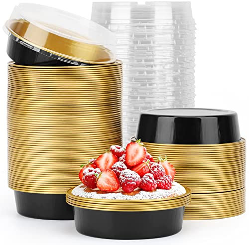 Beasea Lot de 100 moules à cupcakes jetables en aluminium avec couvercles, 10,2 cm, moules à tarte jetables pour gâteau, 227 g, moules à tarte en aluminium noir doré