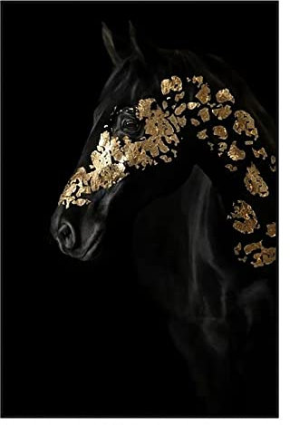Modernes Luxus-Schwarzgold-Pferd-Wandkunstbild, Leinwanddruck, Blattgold, Pferd, Tier, Poster für Wohnzimmer, Heimdekoration, 30 x 40 cm, ohne Rahmen