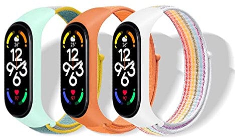LanQii Nylon Armband für Xiaomi Mi Band 8/Band 7/Band 6/Band 5/Band 4/Band 3 Smartwatch Uhrenarmband, Solo Loop Sport Ersatzarmband für Xiaomi Smart Band 8/7/6/5/4/3 - Orange/Regenbogen/Blauer See