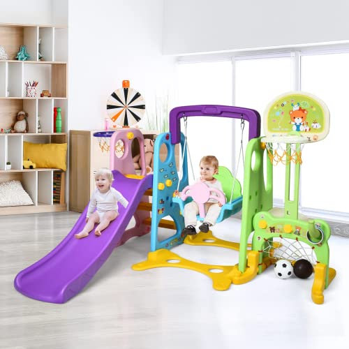 GYMAX Set Scivolo 6 in 1 per Bambini, Scivolo Grande, Altalena, Canestro, Calcio, Cerchi e Tavolo, Parco Divertimenti per Casa e Giardino, 209x174x126 cm