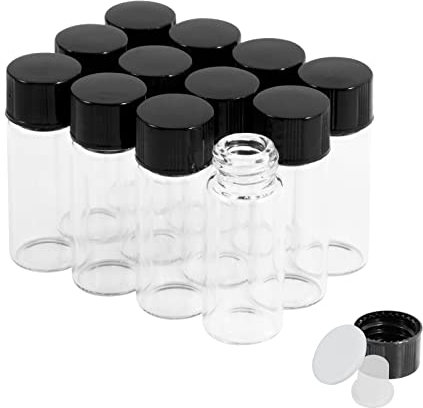 4ml Transparent Glasfläschchen mit Schraubverschluss und Kunststoffstopfen, 1 Dram Kleine Glasflaschen Auslaufsichere Glas Fläschchen für Flüssigkeit Pulver Proben und kleinen Gegenständen, 12 Stück