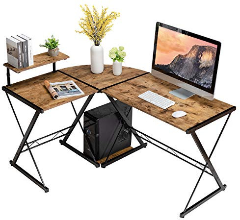 COSTWAY L-Förmiger Computertisch aus Holz, Eckschreibtisch mit mit Monitorständer & Ablagefach, platzsparender Schreibtisch für Büro, Arbeitszimmer, Schlafzimmer, 147 x 112 x 79cm (Rustikales Braun)