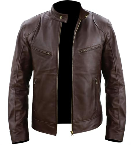 Rising Bloom Men's Real Leather Jacket Biker Motorcycle Cafe Racer Vintage Retro Bomber Winter Black Genuine Leather Jacket