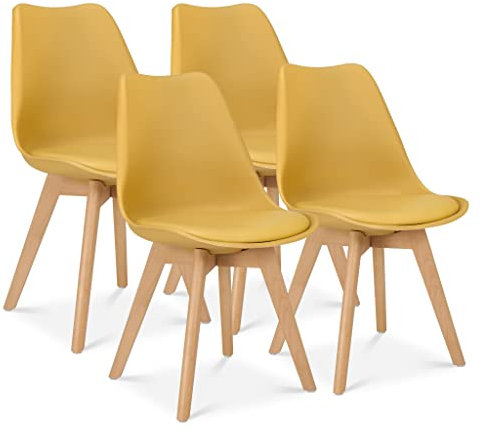 Bravich Set Of 4 Rocco Dining Chairs- Mustard. Faux Leather Upholstered Dining Chair With Natural Wooden Legs, Cushion Pad Seat & Back Support For Kitchen Table- 42 x 42 x 81cm.