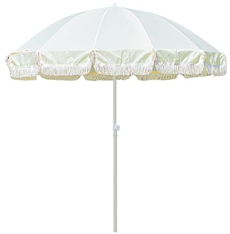 KIMBIE 210cm Petit Parasol Balcon avec Frangé Beige Parasol Plage Anti UV Parasol De Jardin Inclinable 12 Baleines Parasol Deporte Hauteur Réglable avec Sac De Transport,Tige Amovible