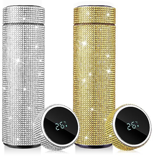 Tioncy 2 Stück Bling Wasserflasche Strass Isolierte Glitzer Edelstahl Smart Bling Becher mit Strass LED Temperaturanzeige Strass Tumbler für Kinder Frauen Flasche Tasse Geschenk 500ml