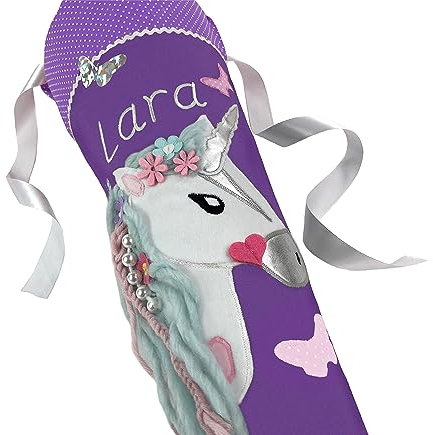 Schultüte/Zuckertüte Einhorn mit Namen in lila zur Einschulung für Mädchen, aus Stoff, optional mit passendem Kissen bestellbar