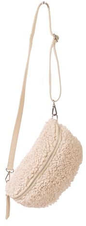 FASHION YOU WANT Teddy Plüsch Hüfttasche Damen Gürteltasche für Festival Reise Bauchtasche mittelgroße Crossbody Bag Frauen mit echt Leder Schultergurt Maße 27x16cm (Hellbeige RFS Silber)