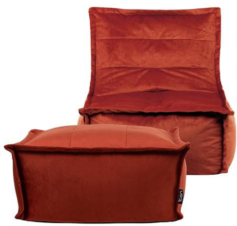 Icon Sitzsack-Liege en Hocker „Dolce“, Terrakotta, Samt, XXL Sitzsack Sessel für Erwachsene, Riesensitzsack mit Füllung für das Wohnzimmer, Sitzsack Groß Plüsch
