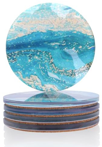 WORHE Coasters Set of 5 Thick Design, Acrylic Coasters for Drinks, Blue Galaxy Print Round Coasters with Anti-slip Pads for Home,Office,Bar Beer Bottle Wine Glass Coffee Tea Mugs(YGC011)
