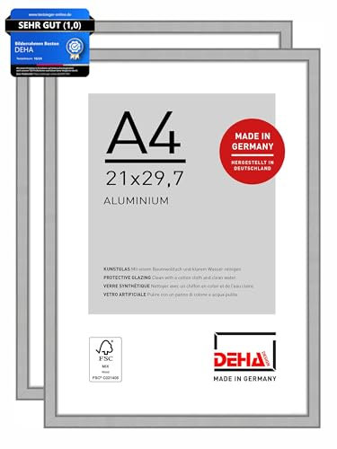 DEHA Design Bilderrahmen, 21 x 29,7 cm (A4) (2er Set), Aluminium, Silber matt, Dokumentenrahmen zum Aufhängen im Hoch- & Querformat, bruchsicheres Kunstglas, Boston