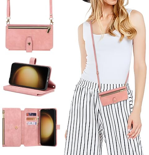 ZCDAYE Hülle für Samsung Galaxy S24 mit Band Handykette, Leder Samsung S24 Handyhülle Handytasche mit Kartenfächern Frauen Brieftasche Klapphülle zum Umhängen Tasche Samsung S24,Roségold