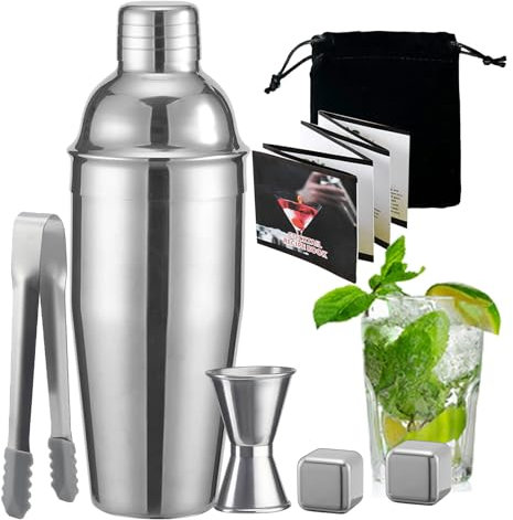 CKductpro Cocktail Shaker Set, 6 Pcs Stainless Steel Bartender Kit with 2 Ice Stone Measuring Jigger Cocktail Spoon velvet bag, Cocktail Making Set Bar Tool Kit for Home Party Birthday, Anniversary