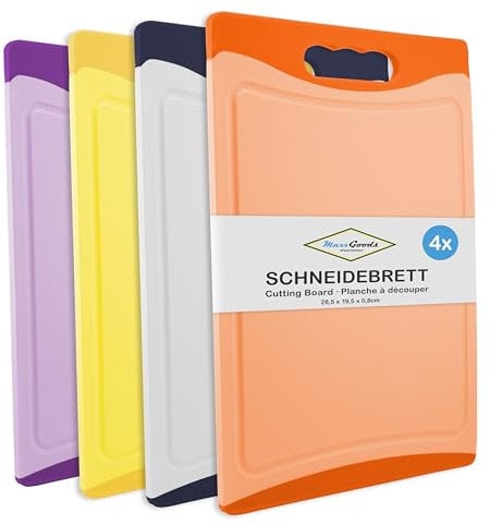 MaxxGoods Schneidebrett SET 4-teilig bunt, mit Saftrille & Griff - Antibakteriell - Hackbrett, Kunststoffbrett beidseitig verwendbar & Spülmaschinenfest - (28,5x19,5x0,8 cm)