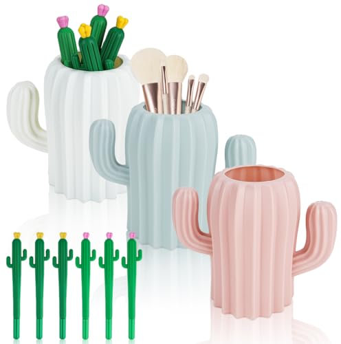 3 PCS Cactus Pot a Crayon avec 6 Stylos Rigolos, Kawaï Pot Pinceau Maquillage, Porte Stylo de Bureau Mignon pour La Maison, La Salle de Classe, La Table de Toilette (3 Couleurs)