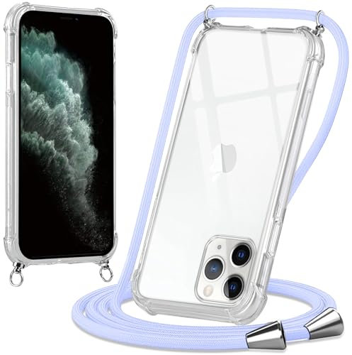 Oelrstfe Funda para iPhone 11 Pro MAX con Cuerda, Transparente TPU Suave Silicona Carcasa con Correa Colgante Ajustable Collar para iPhone 11 Pro MAX, Morado