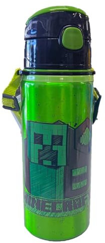 PELLECCHIA 1969 |Borraccia in alluminio con cannuccia da 600 ML | con cinghia per appenderla, apertura automatica con pulsante realizzata per (Minecraft)