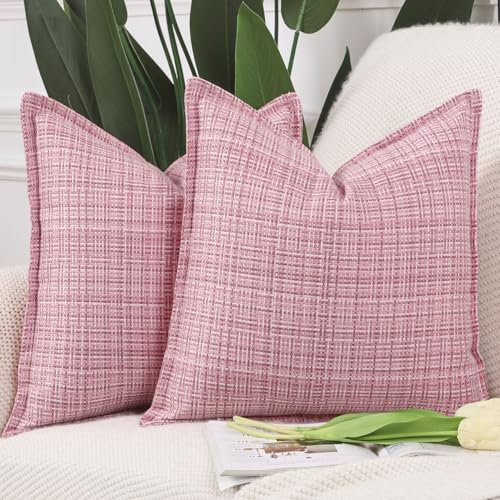 Madizz Lot de 2 Doux Extérieur Housses de Coussin en Polyester et Lin avec Bordure Décoratif Coussin Couvre Style De Luxe pour Patio canapé de Chambre Rose 45x45 cm