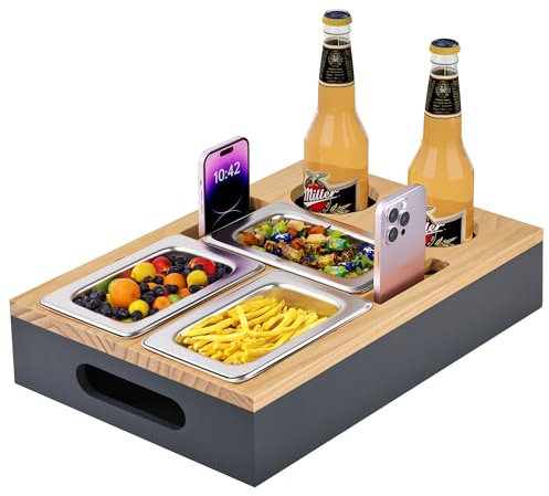 Couch Bar Snack Box, Kaffee Bar, mit Edelstahl Snack Schalen, Bamboo Black Couch Tablett, Sofa Regal - für Schlafzimmer, Wohnzimmer, Camping, Garten (Wood-Gray)