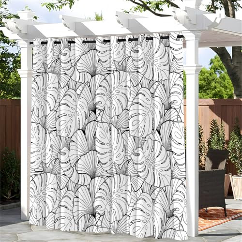 Hiseng 1 Stück Outdoor Vorhänge, Wasserdicht Verdunkelungsvorhang mit Ösen, 3D Tropisches Blatt Outdoorvorhänge Wetterfest Sichtschutz Sonnenschutz für Pavillon Terrasse (100x140cm,Monstera)