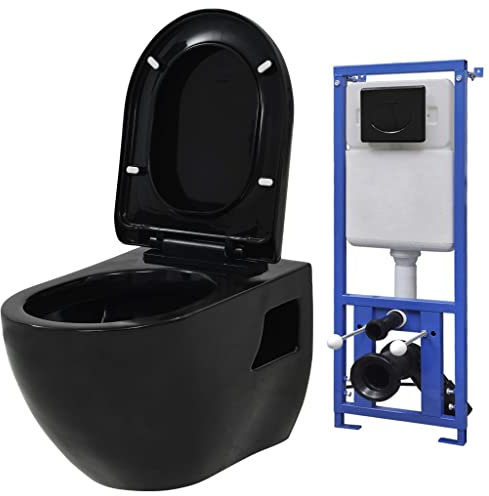 Gecheer Toilettes murales avec chasse d'eau cachée en céramique noire, WC une pièce, WC complet rond, cuvette basse avec réservoir d'eau et siège extra fin, mitoyant au mur