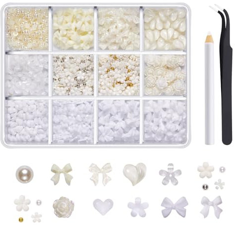 1260 Pcs 3D Nail Charms,Multi Shapes Bow Nail Charm Cute Pearl Heart Flower Nail Art Accessories with Pickup Tool for Women Girls DIY Crafts Nail Art Decoration (B)