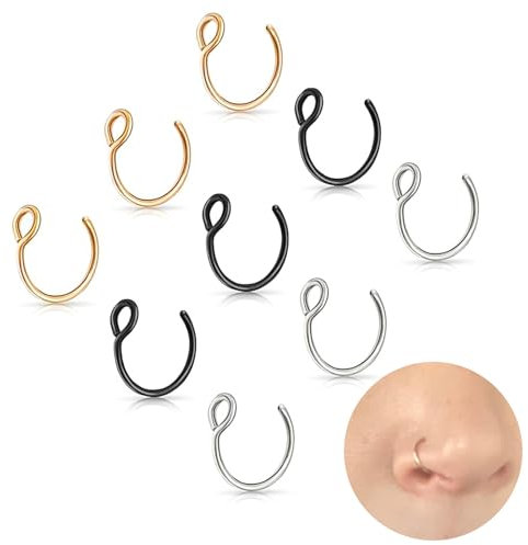 Ormromra 9 Stück Nasenpiercing Ring, Fake Piercing Ring, Fake Nose Ring, Fake Nasen Piercing Nasenpiercing, Septum Lippenpiercing Piercings Set, Piercing Nase Septum, Fakes Ring Set für Damen, Herren