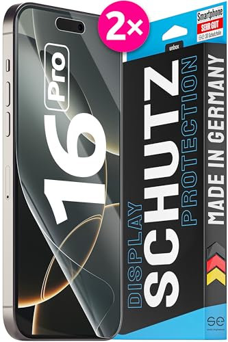 2X se® 3D SCHUTZFOLIE Transparent für Apple iPhone 16 Pro,Selbstheilend, 100% Fingerabdruck & FaceID kompatibel, einfache blasenfreie Installation, Ultra-Klar, Stoß-Kratzfest, aus Deutschland