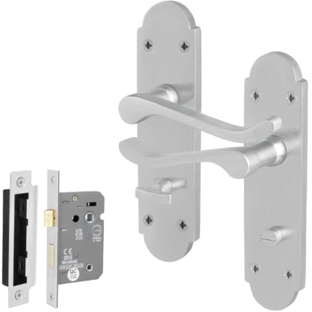 EAI Satin Chrome Door Handles with Bathroom Lock 64mm - Victorian Scroll | Complete Bathroom Kit with 1 Pair of Victorian Scroll Lever on Backplate Door Handles, 64mm Bathroom Lock, Fixings Included