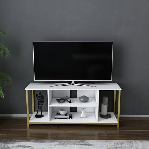 Hanah Home Glamorous TV Stand, White & Gold, 120 x 35 x 50.8 cm | 100% Melamine Coated Particle Board, 18 mm Thick, Sturdy Metal Frame | Stylish & Functional Design for Modern Living Rooms