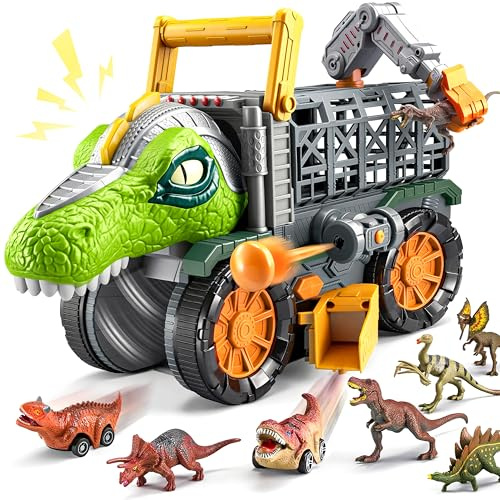 VROOMIX Dinosaur Toy for Toddlers 3 4 5 6+ Year Old, Extra Large Dinosaur Monster Truck with Figures, T.Rex Toy with Launcher, Darts, Crane Arm & Tunnel, Jurassic Gifts for Boys Birthday Christmas