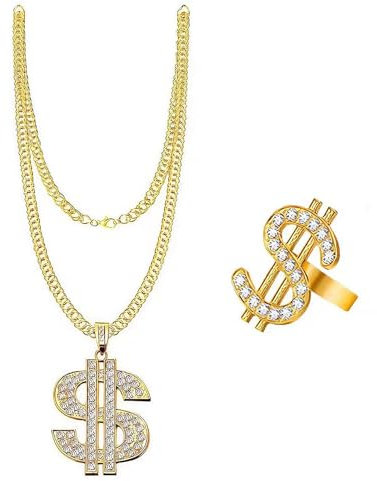 Ycfish 2 Pcs Dollar Sign Necklace and Ring, Gold Chain Dollar Sign Necklace Pendant with Rhinestones, Adjustable Dollars Signs Necklaces, Hip Hop Punk Rapper for Men Woman Party Accessories