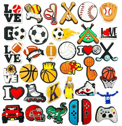 Kinearcharms 35 Shoe Charms for Clog Sandal decoration Cool Basketball Football Soccer Volleyball Baseball Video Game and Sport Shoe Pins for Teens Men Women Party Favor
