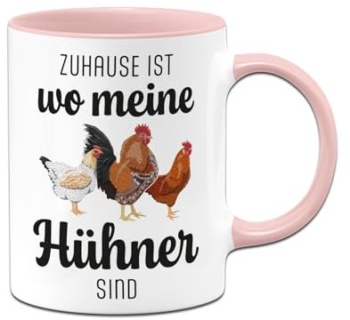 Huhn - Geschenk für Hühnerliebhaber Tasse - Zuhause ist wo meine Hühner sind - Kaffeetasse lustig mit Spruch für Hühnerfreunde - Deko (Rosa)