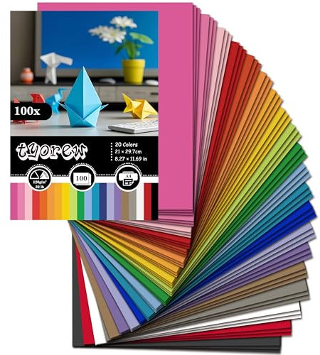 100 Blatt Tonpapier A4 Bunt, 120g/m², Buntes Papier A4 Bastelpapier -20 Farben, Farben Papier Origami Buntpapierset für Diy Origami und Bastelprojekte