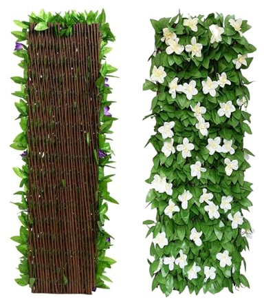 Expanding Gardens Trellis Panels 200x40cm, Artificial Ivy Fence Screening with White Orchid, Garden Privacy Hedge Screen for Garden, Balcony, Outdoor, Gardens Fences Screeningss (1PCS)